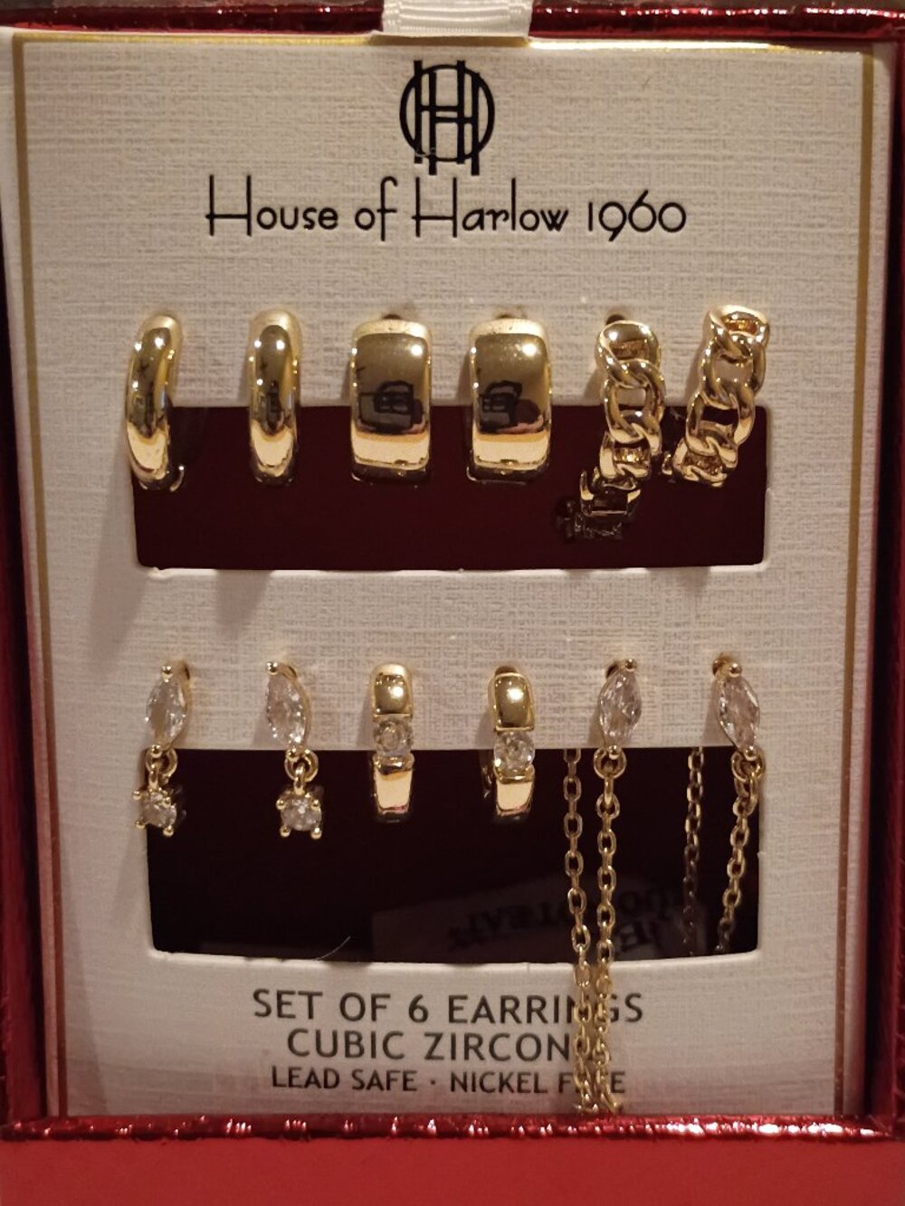 House of Harlow Earrings 1960 Set of 6 Prs Cubic Zirconia Lead Safe Nickel Free